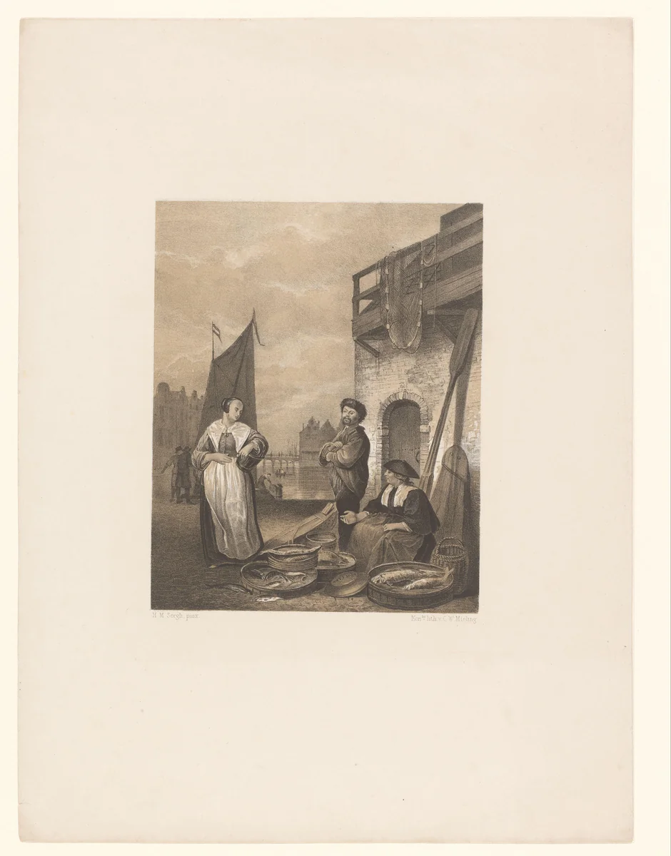 Visverkoopster op een kade by anonymous, print, 1847-1865