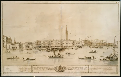 Panorama of Venice from the Bacino di San Marco, Including the Project for the Proposed Teatro Manin by Francesco Guardi, drawing, 1785-1796