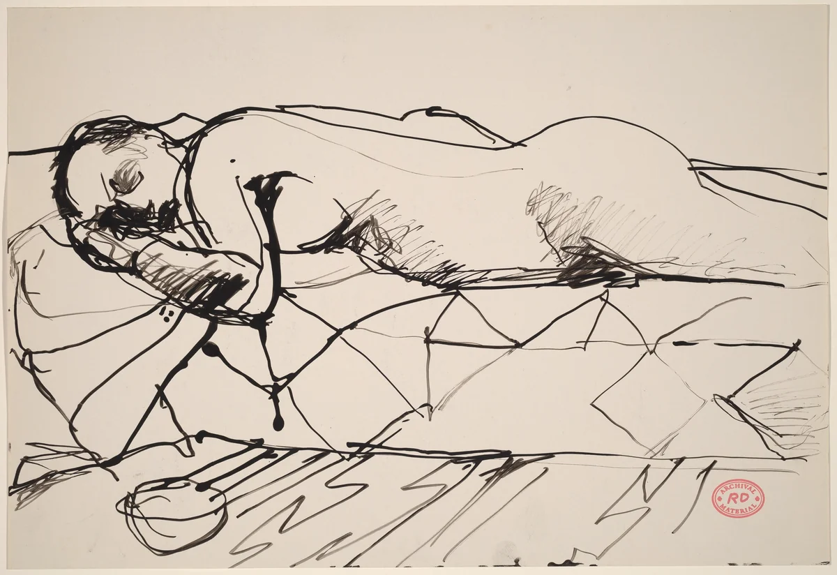 Untitled [female nude lying on a quilt] by Richard Diebenkorn, drawing, 1955-1967