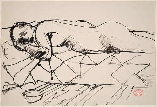 Untitled [female nude lying on a quilt] by Richard Diebenkorn, drawing, 1955-1967