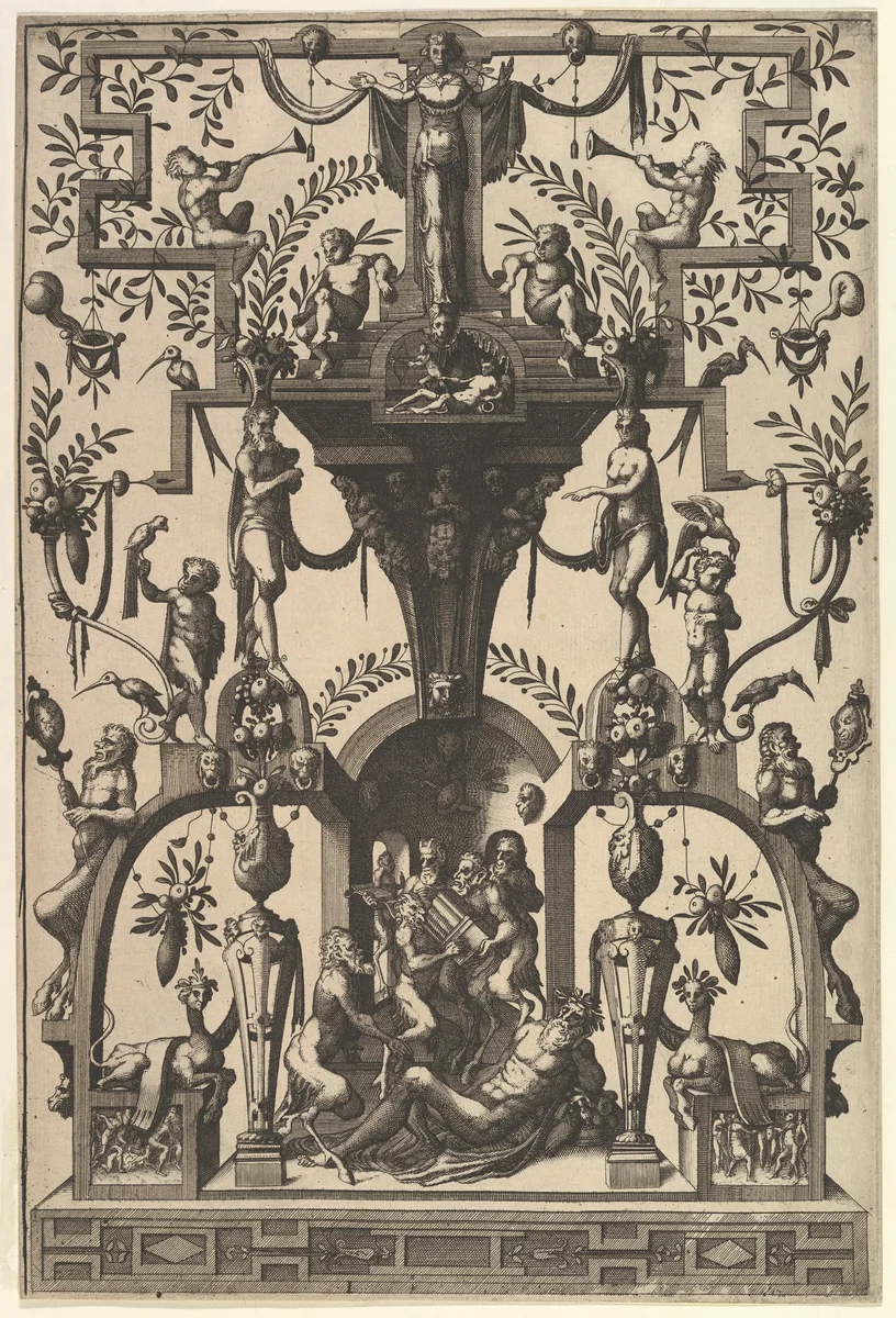 Surface Decoration, Grotesque with Strapwork, Including a Wall Niche under a Strapwork Canopy, Bacchic Scene below from Veelderleij Veranderinghe van grotissen ende Compertimenten...Libro Primo by Johannes van Doetecum, book, 1556