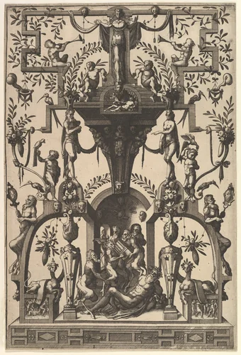 Surface Decoration, Grotesque with Strapwork, Including a Wall Niche under a Strapwork Canopy, Bacchic Scene below from Veelderleij Veranderinghe van grotissen ende Compertimenten...Libro Primo by Johannes van Doetecum, book, 1556