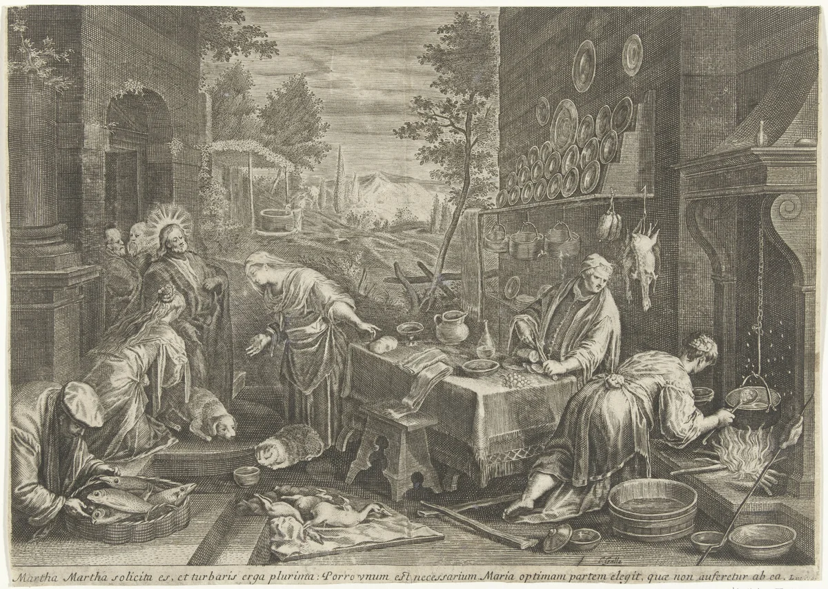 Christus in het huis van Marta en Maria by Unknown, print, 1586-1650