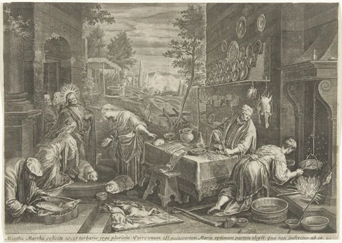 Christus in het huis van Marta en Maria by Unknown, print, 1586-1650