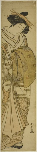Courtesan Wearing a Chrysanthemum-Patterned Kimono by Katsukawa Shunsho (勝川 春章), print, 1771-1781