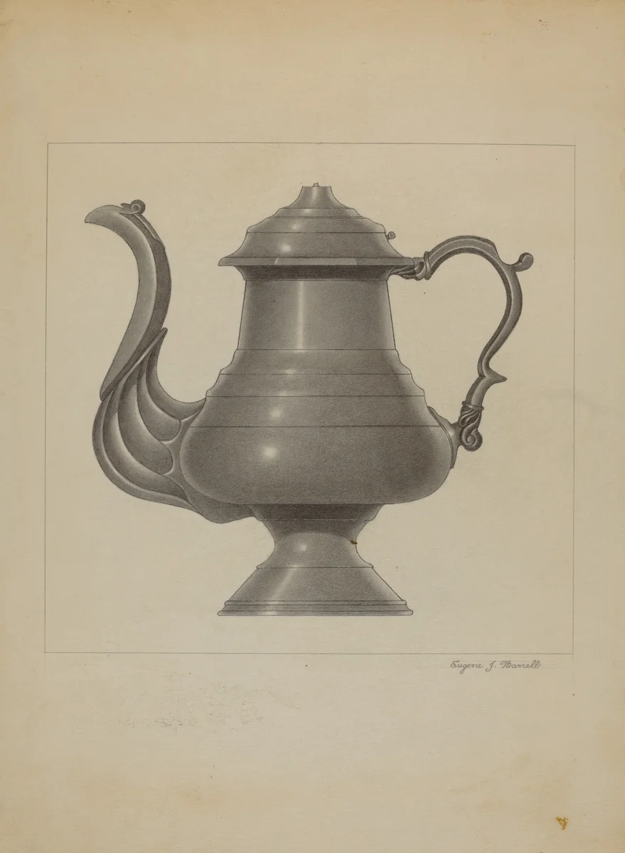 Pewter Coffee Pot by Eugene Barrell, index of american design, 1936