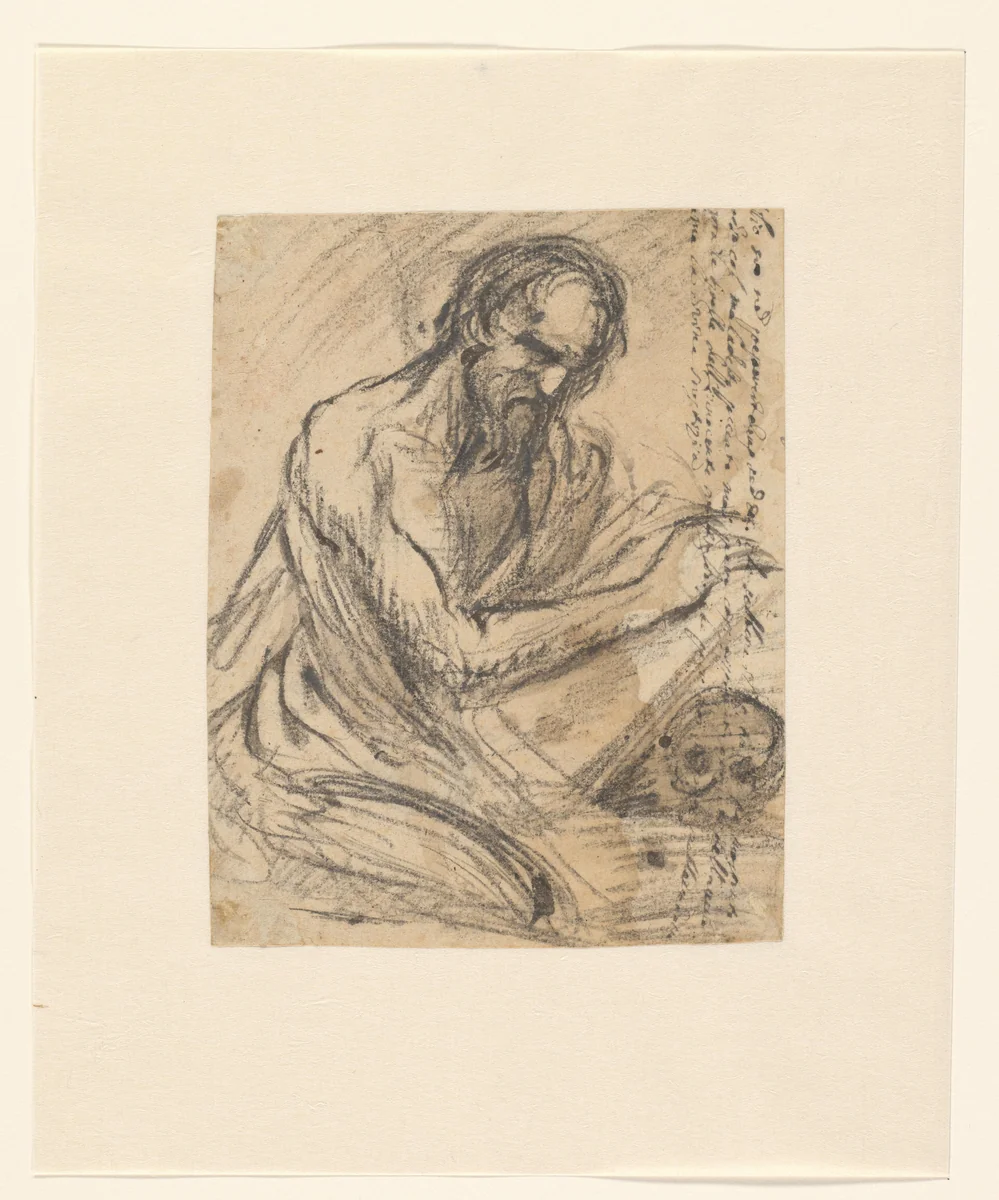 H. Hieronymus, schrijvend in een boek dat hij boven een schedel houdt by Jusepe de Ribera, drawing, 1601-1652
