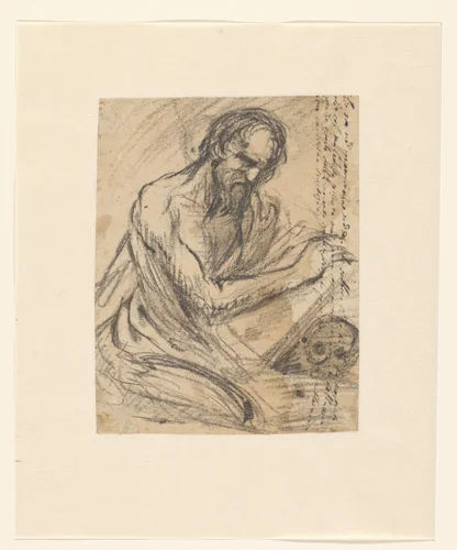 H. Hieronymus, schrijvend in een boek dat hij boven een schedel houdt by Jusepe de Ribera, drawing, 1601-1652