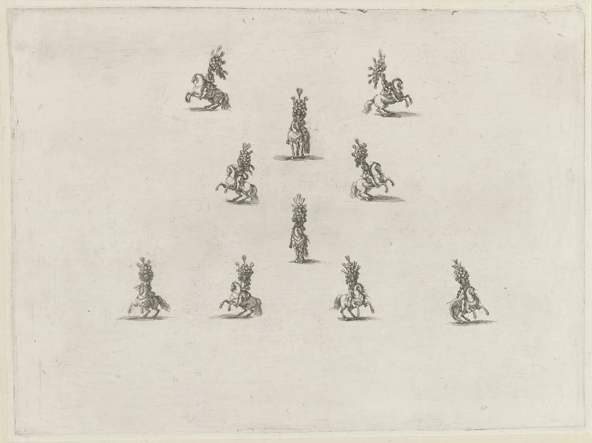 Tien ruiters te paard in een patroon by Stefano della Bella, print, 1652