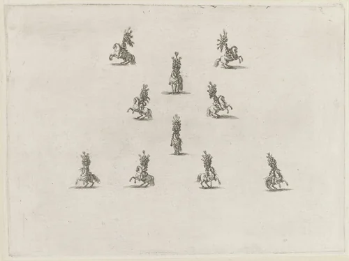 Tien ruiters te paard in een patroon by Stefano della Bella, print, 1652