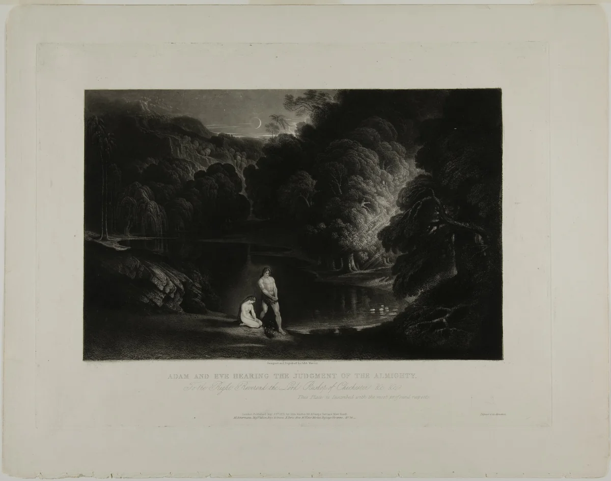 Adam and Eve Hearing the Judgement of the Almighty, from Illustrations of the Bible by John Martin, print, 1831
