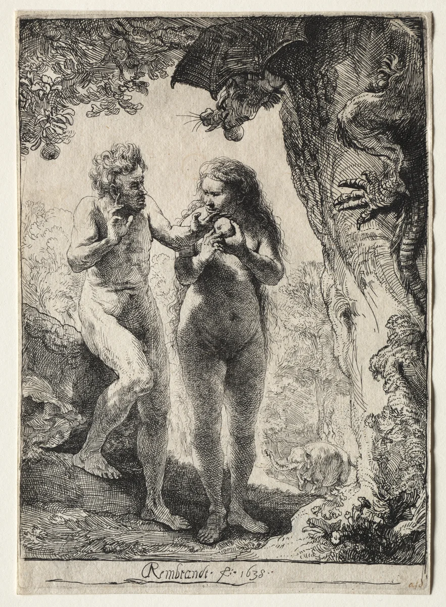 Adam and Eve by Rembrandt van Rijn, print, 1638