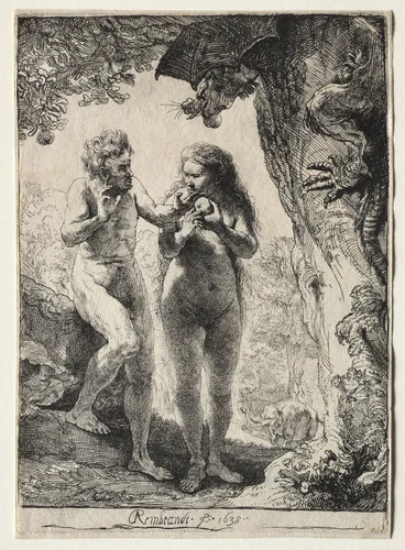Adam and Eve by Rembrandt van Rijn, print, 1638