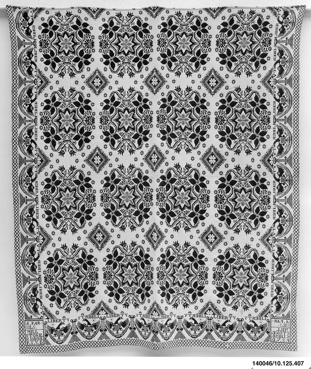 Coverlet, Lilies of France pattern with Eagle and Liberty borders by Peter van Doren, artwork, 1838
