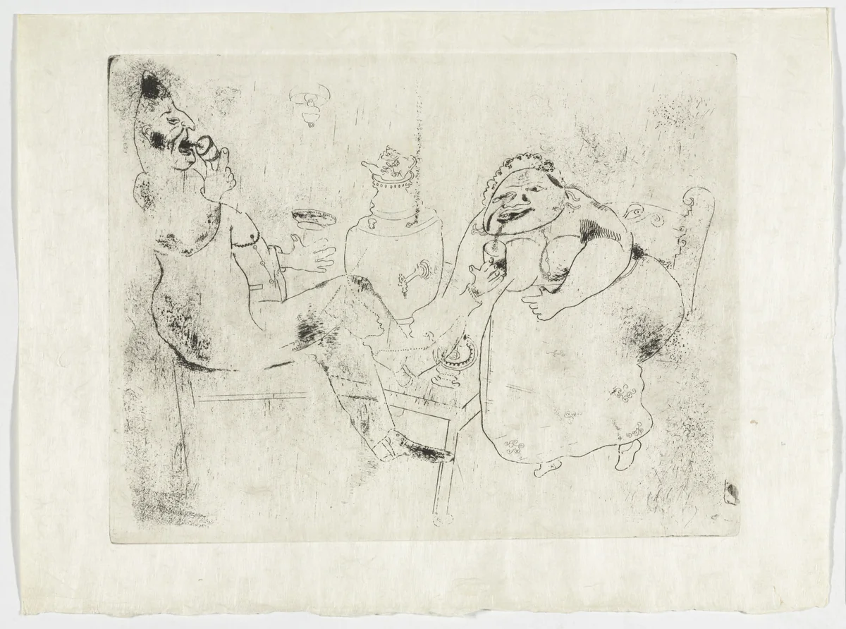 The Morning Tea (Le Thé du matin), plate XVIII (supplementary suite) from Les Âmes mortes by Marc Chagall, illustrated book, 1923