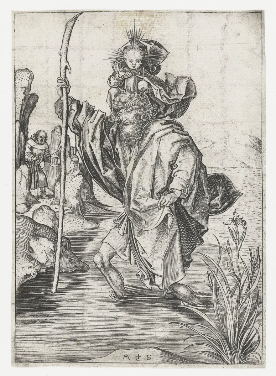 De Heilige Christoffel draagt het Christuskind by Unknown, print, 1470-1491