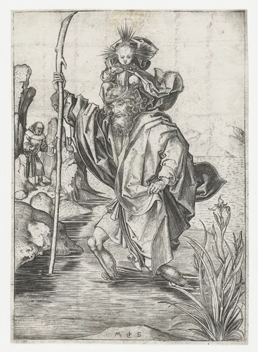 De Heilige Christoffel draagt het Christuskind by Unknown, print, 1470-1491