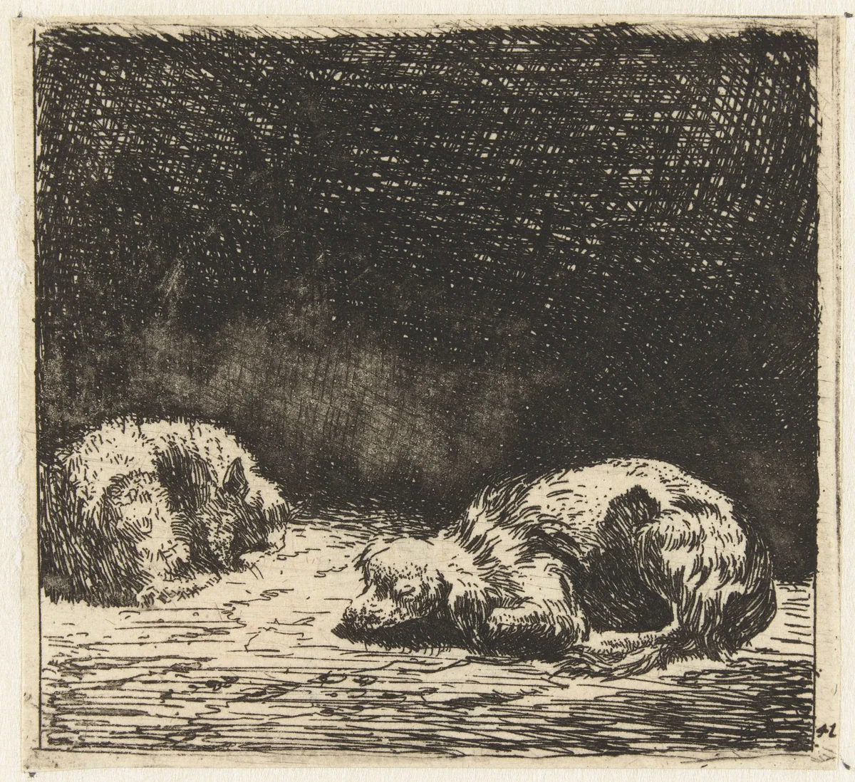 Slapende hond en kat by Karel du Jardin, print, 1652-1659