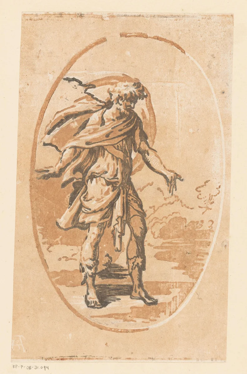 Man met gespreide armen in een landschap by Unknown, print, 1502-1532