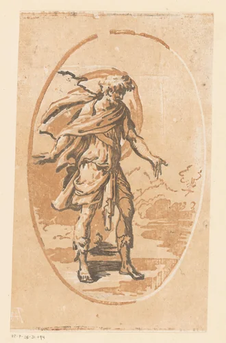 Man met gespreide armen in een landschap by Unknown, print, 1502-1532