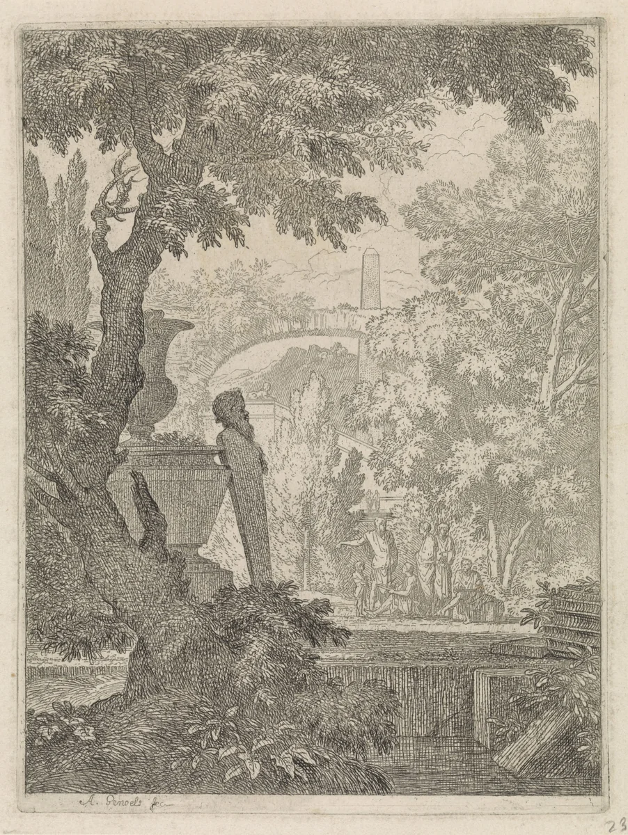 Tekenaars bij een klassieke ruïne by Abraham Genoels, print, 1650-1723