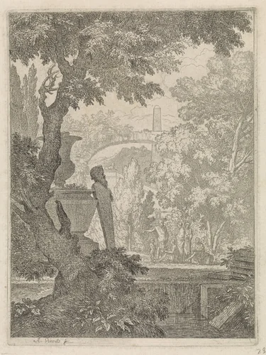 Tekenaars bij een klassieke ruïne by Abraham Genoels, print, 1650-1723