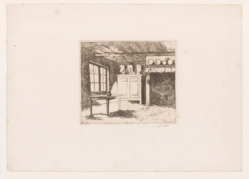 Jonge man zittend in een kamer met grote openhaard by Charles Mertens, print, 1883
