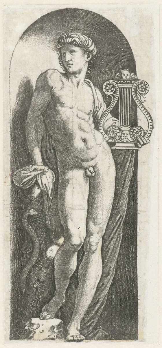 Apollo met harp staand in nis by anonymous, print, 1512-1565
