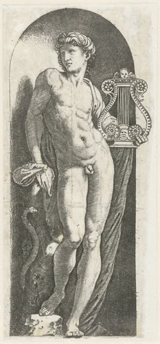 Apollo met harp staand in nis by anonymous, print, 1512-1565