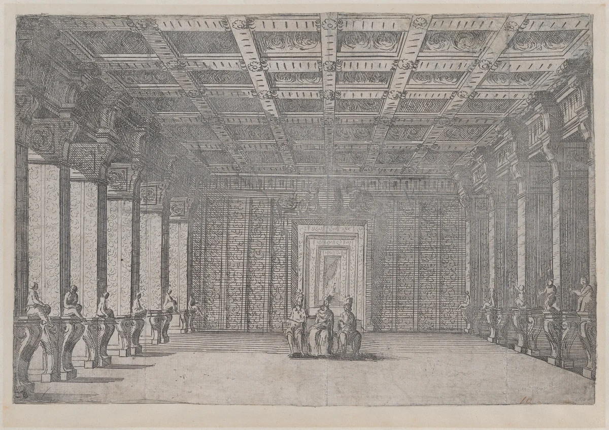 Theatrical scene with three figures seated in the middle of a room with columns at left and right and a coffered ceiling by Ludovico Ottavio Burnacini, print, 1645-1705