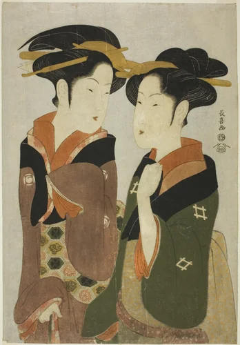 Kan, a waitress of the Izutsuya, and the geisha Fuseya of the Ogiya by Eishosai Choki, print, 1789-1799
