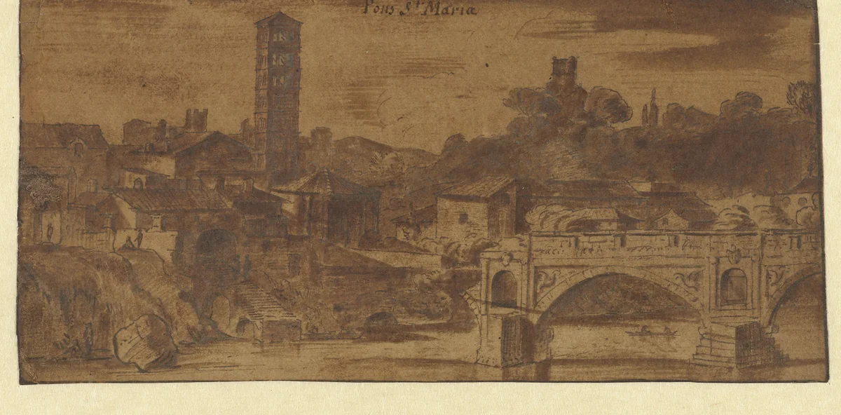 Gezicht op de S. Maria in Cosmedin, de Vesta tempel en de Ponte S. Maria te Rome by Michiel van Overbeek, drawing, 1699-1719