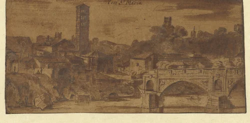 Gezicht op de S. Maria in Cosmedin, de Vesta tempel en de Ponte S. Maria te Rome by Michiel van Overbeek, drawing, 1699-1719