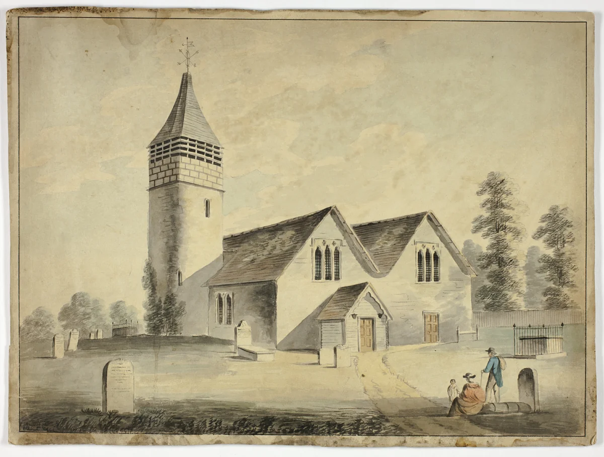 Man, Woman and Child in Churchyard Cemetary by Unknown Artist, painting, 1800-1899