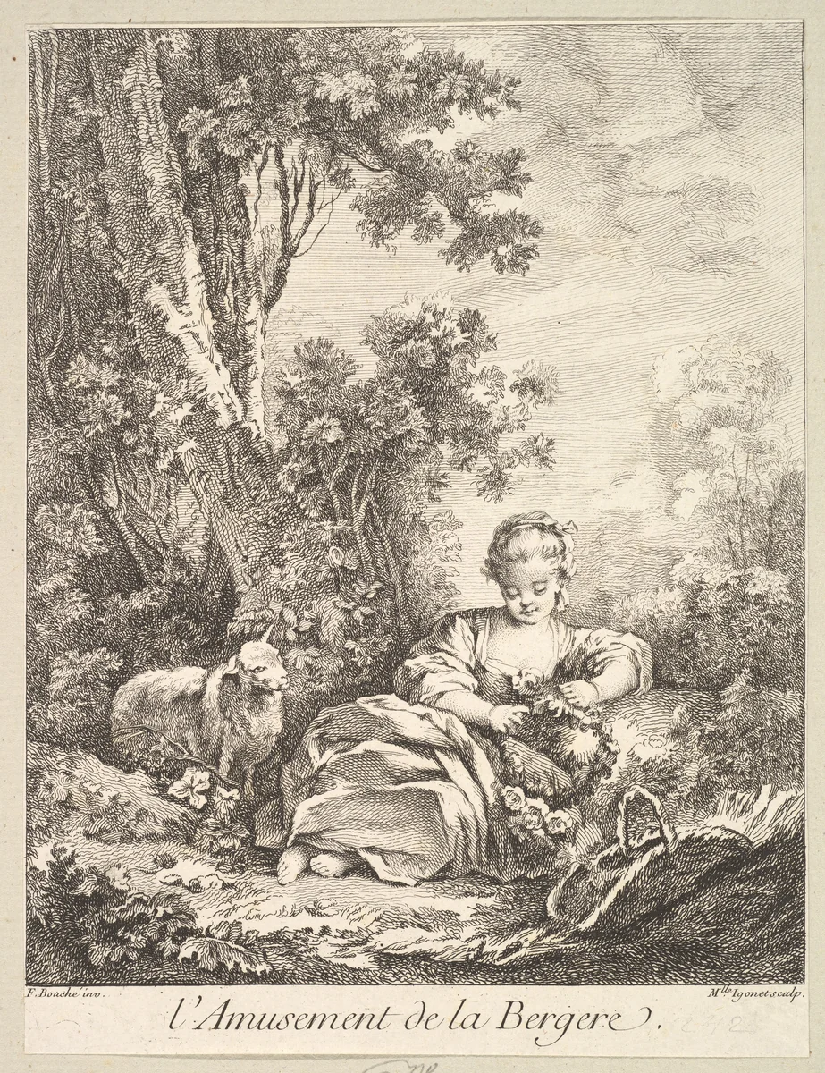 The Amusement of a Shepherd Girl by Marie Madeleine Igonet, print, 1744-1760