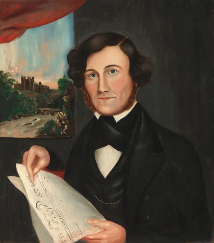 Man Named Hubbard Reading "Boston Atlas" by American 19th Century, painting, 1843