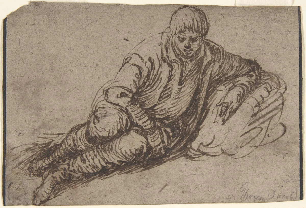 A Reclining Peasant (recto); Study of a Young Man (verso) by Jacques de Gheyn II, drawing, 1580-1629