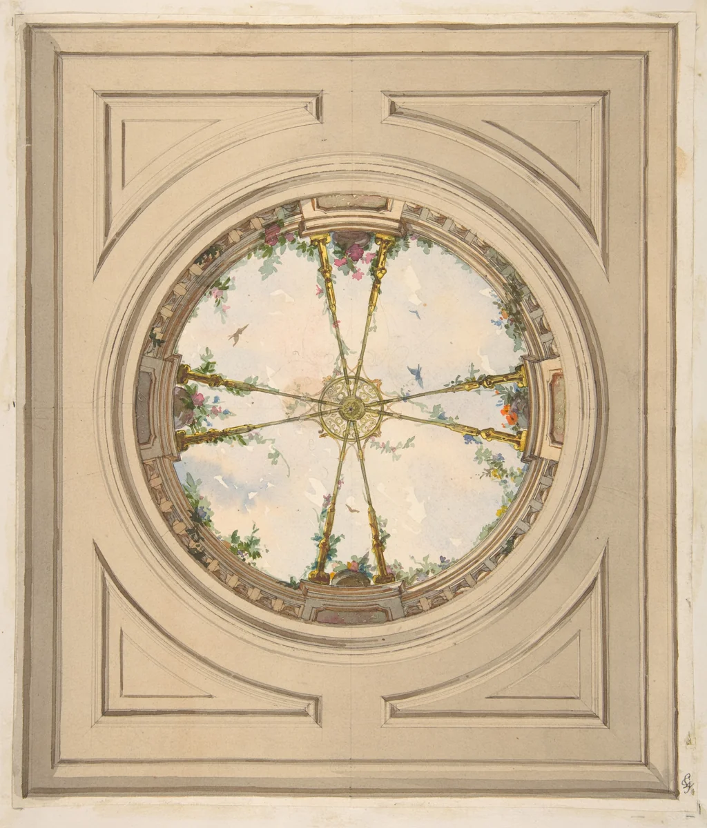 Design for a ceiling painted with clouds and trellis work by Jules-Edmond-Charles Lachaise, drawing, 1850-1900