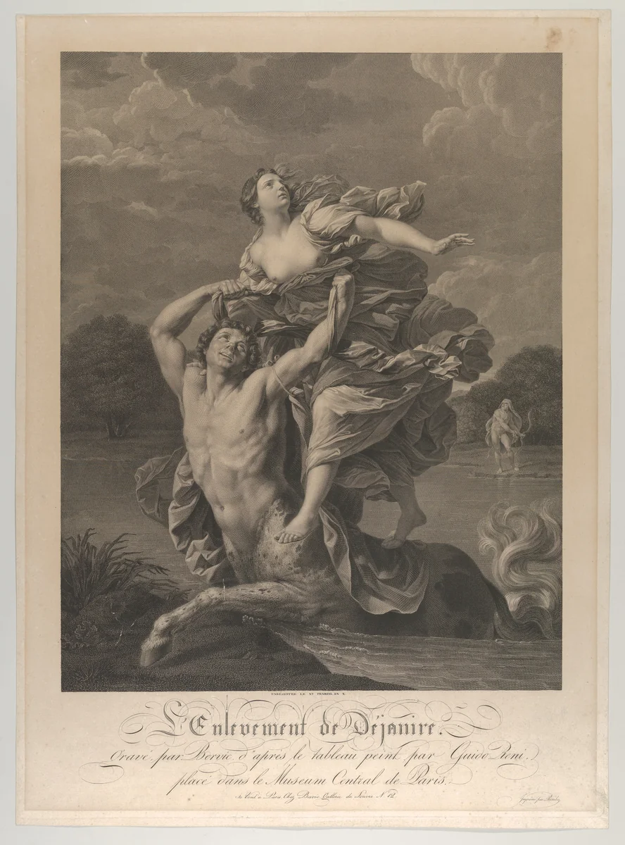 Dejanira being abducted by the centaur Nessos, a man with bow and arrow at right, after Reni by Charles Clément Bervic, print, 1802
