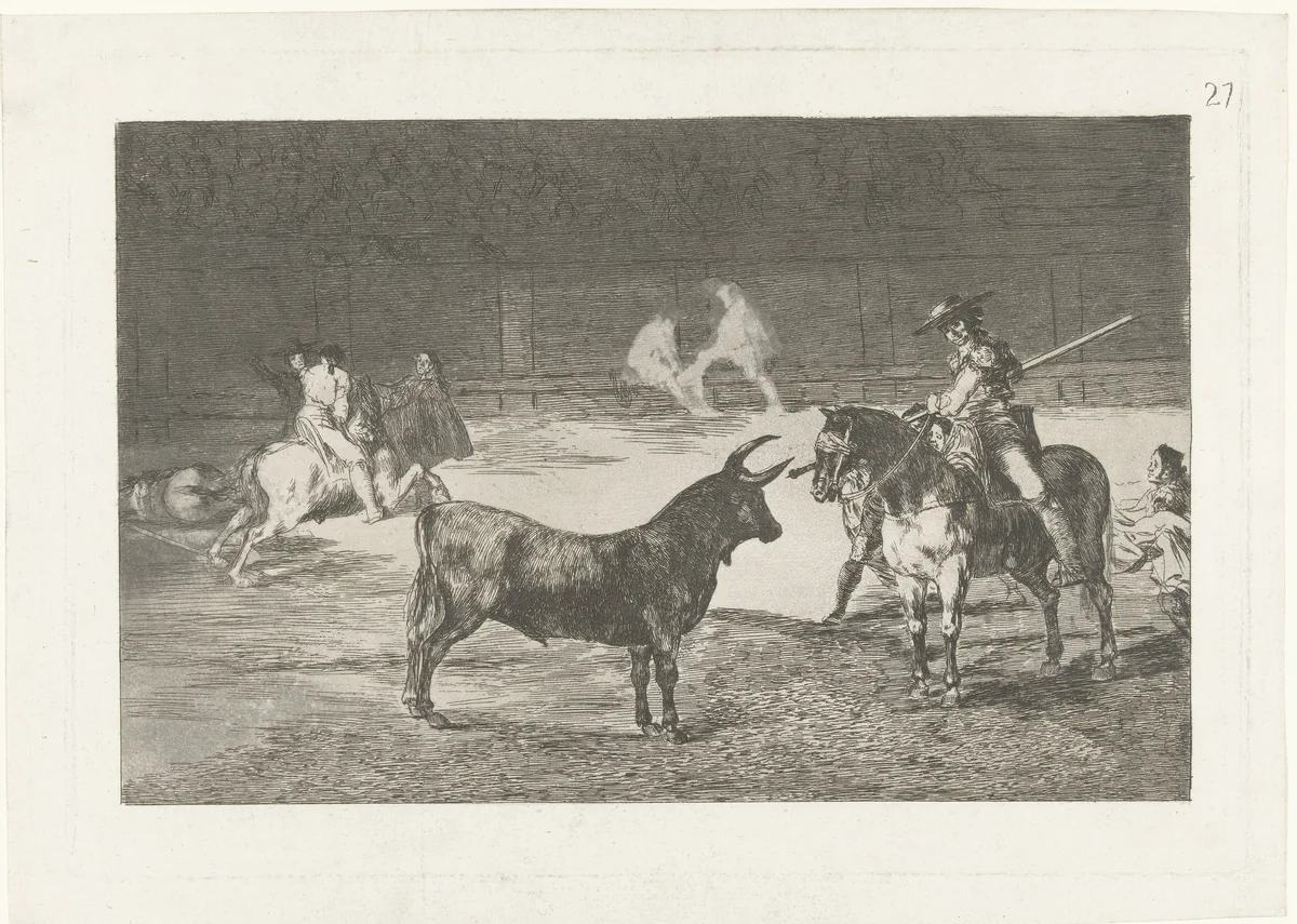 Fernando del Toro daagt een stier uit by Francisco de Goya, print, 1811-1816