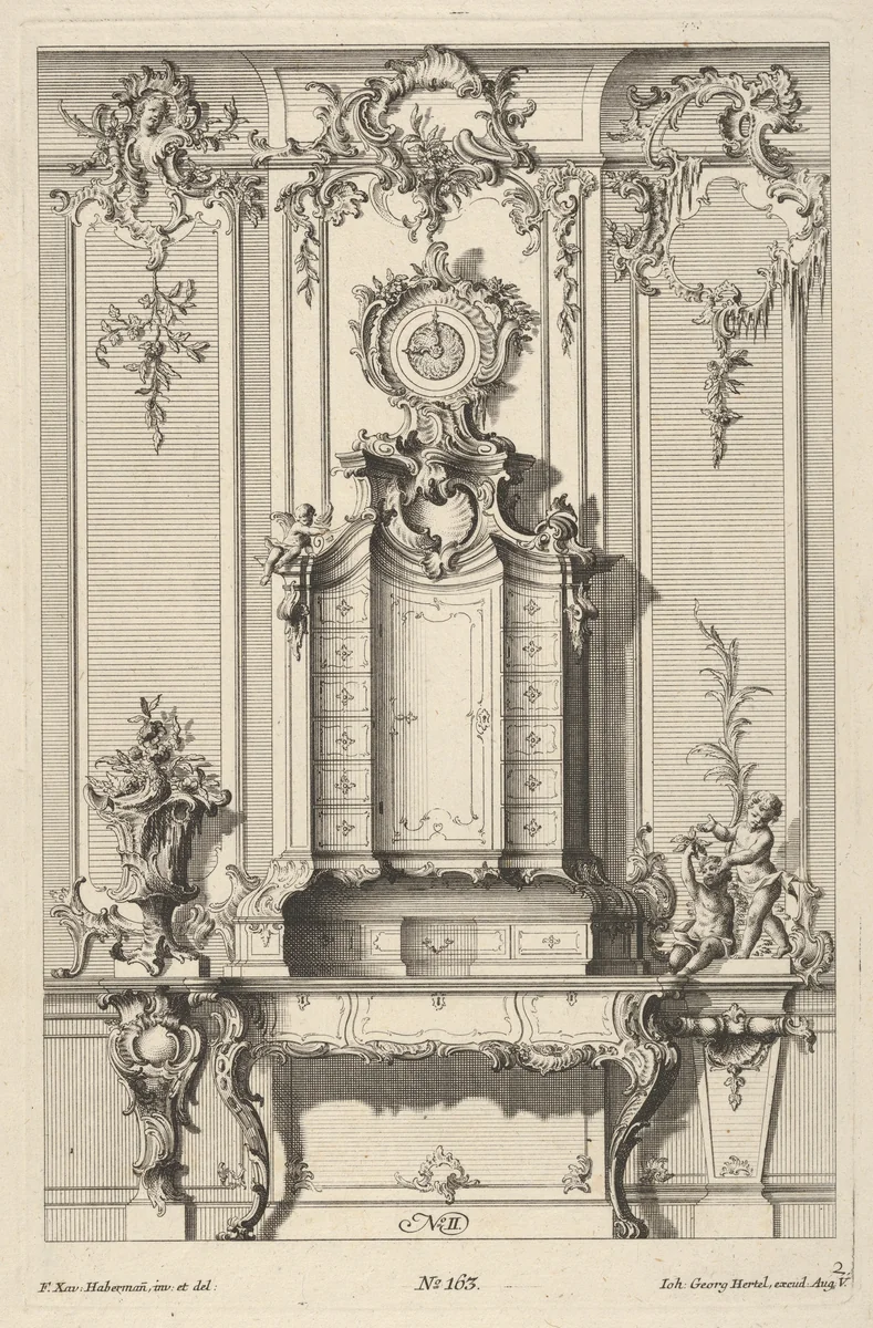 Wall Elevation with a Secretaire, from 'Schreibtische' by Franz Xavier Habermann, print, 1748-1770