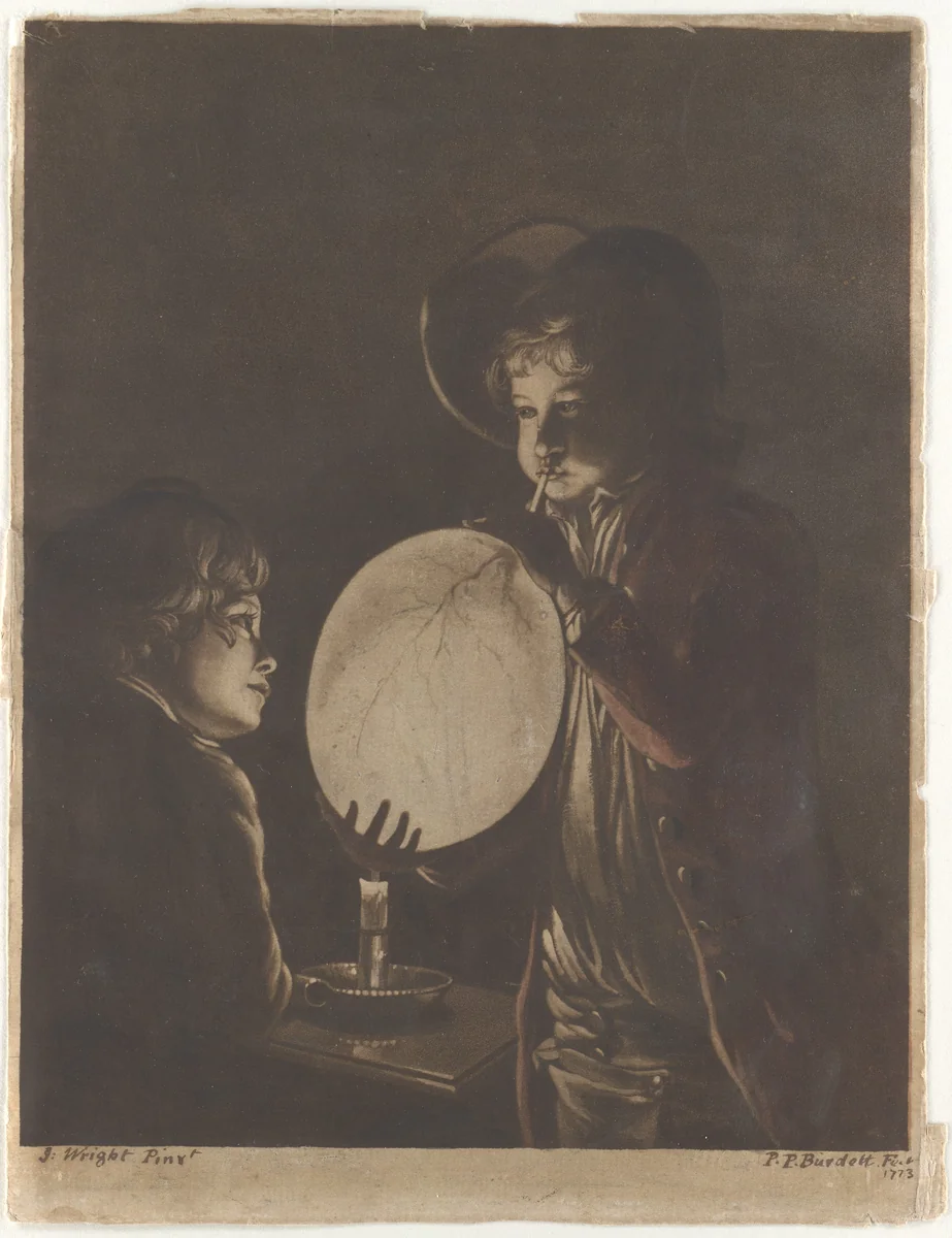 Two Boys Blowing a Bladder by Candle-light by Peter Perez Burdett, print, 1773