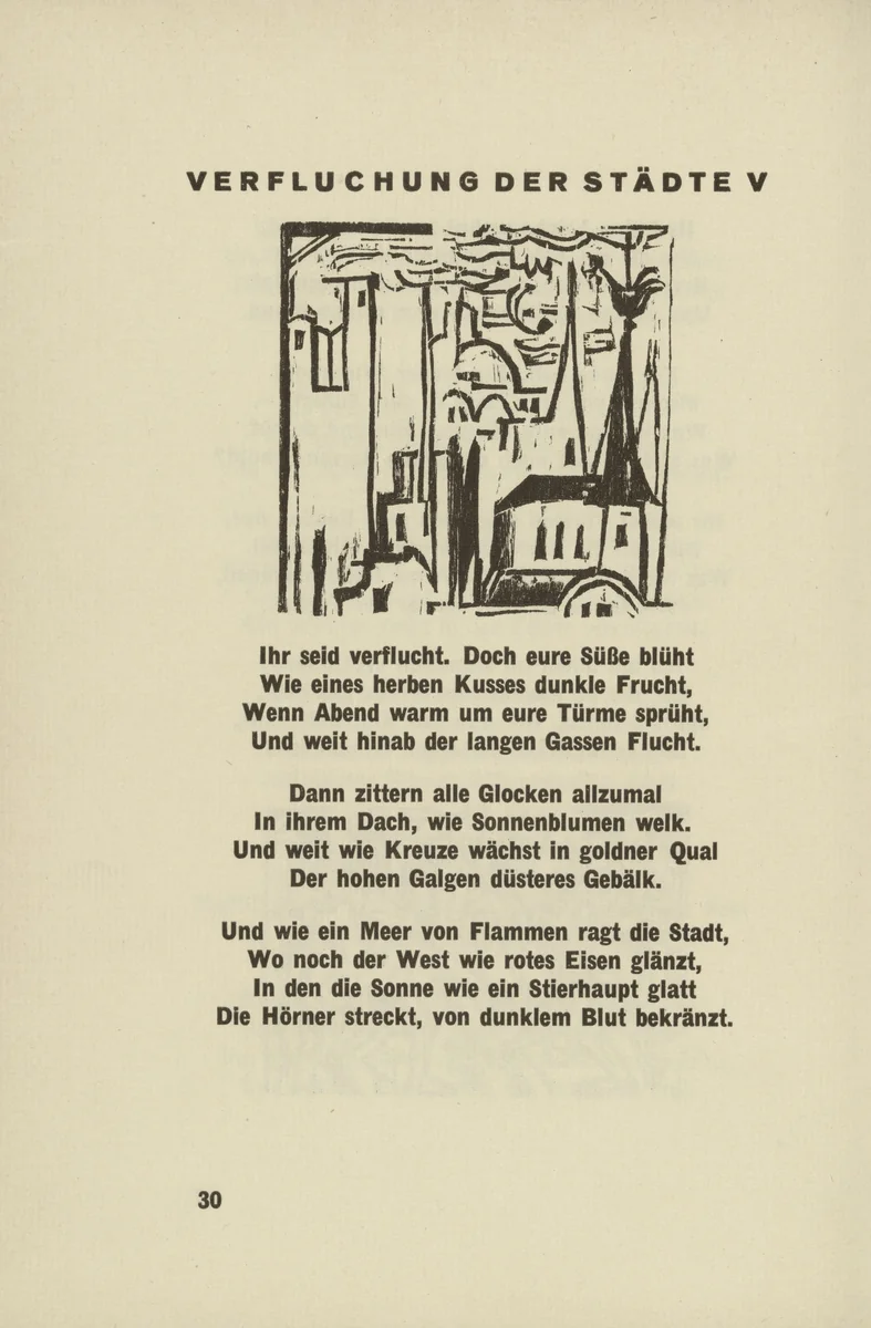 Curse Against the Cities V (Verfluchung der Städte V) (headpiece, page 30) from Umbra vitae (Shadow of Life) by Ernst Ludwig Kirchner, illustrated book, 1924