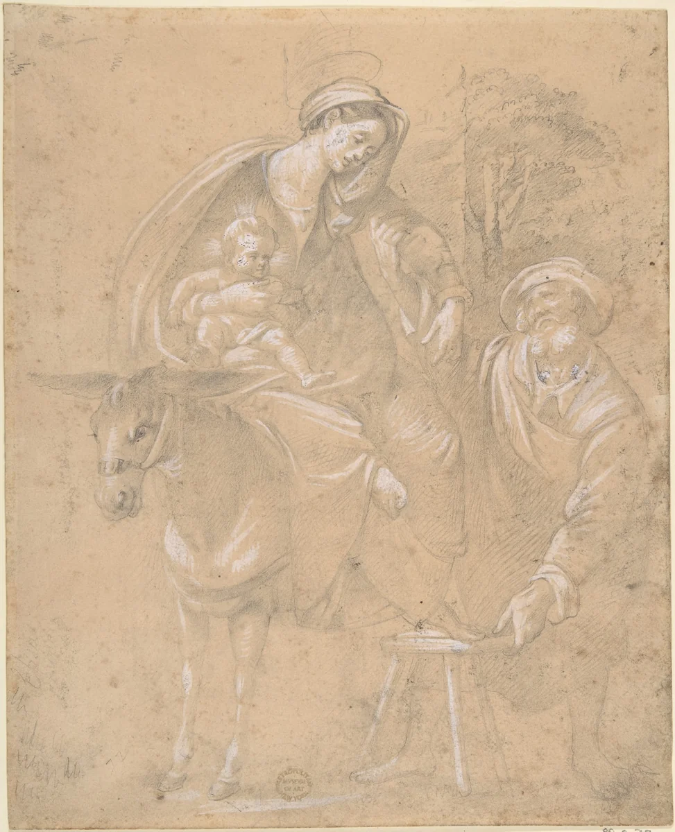 Copy of a Repose in Egypt painted by Giovanni da San Giovanni (Giovanni Mannozzi) 1592–1636, for a chapel in the Garden of Crocetta, now in the Accademia in Florence by anonymous, drawing, 1600-1700