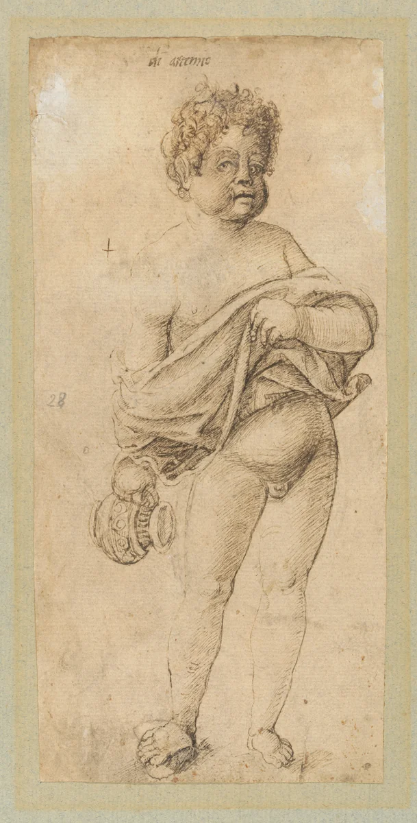 Putto holding a ceramic jug and exposing his genitals by Master Artemio, drawing, 1480-1500