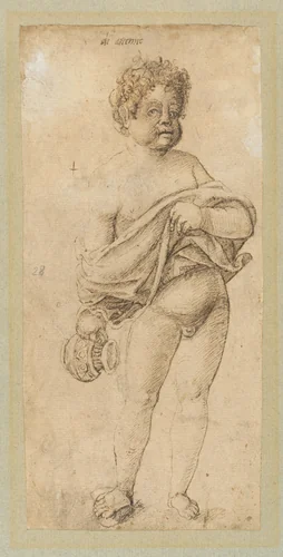 Putto holding a ceramic jug and exposing his genitals by Master Artemio, drawing, 1480-1500