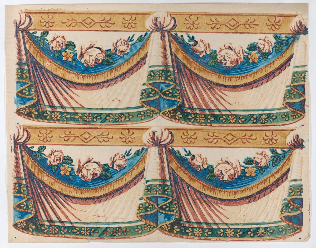 Sheet with two borders with drapery and floral designs by anonymous, print, 1775-1875