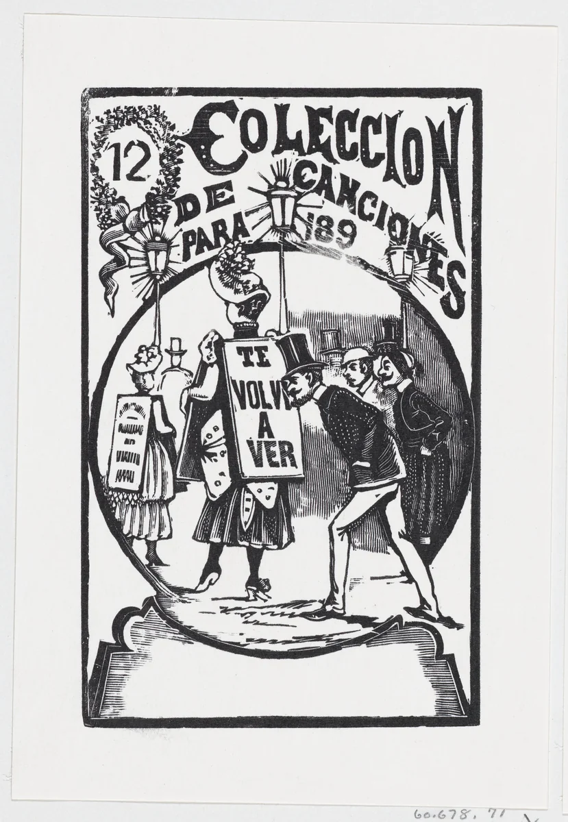 A man bending down to look at a woman with a sign on her back, illustration for 'El Abanico (The Admirer)' by José Guadalupe Posada, print, 1875-1885
