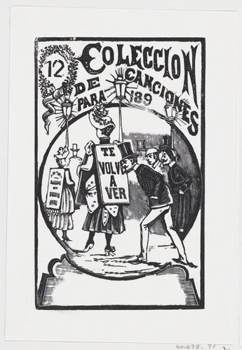 A man bending down to look at a woman with a sign on her back, illustration for 'El Abanico (The Admirer)' by José Guadalupe Posada, print, 1875-1885