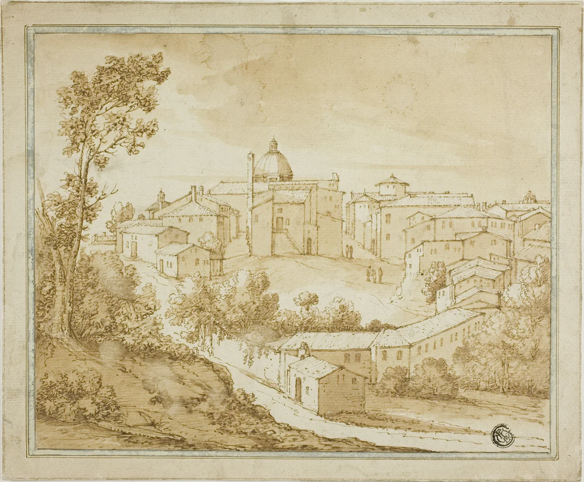 Italian Hilltown with Central Square by Unknown Artist, drawing, 1600-1799